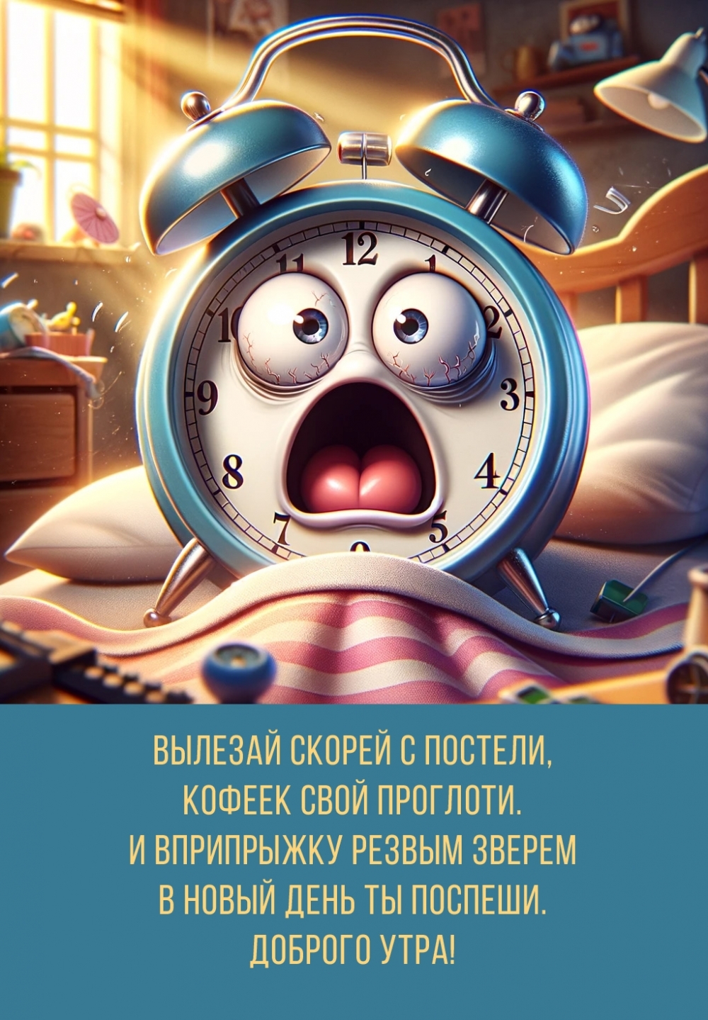 Вылезай скорей с постели, Кофеек свой проглоти. Доброго утра!