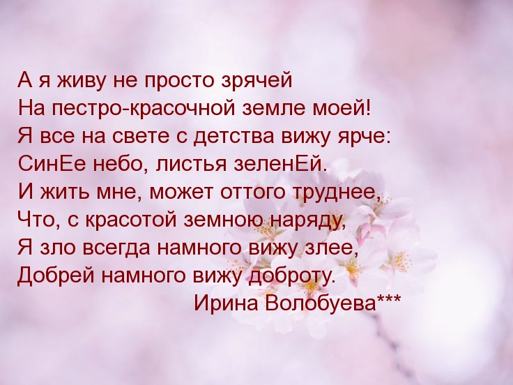 А я живу не просто зрячей на пестро-красочной земле моей!