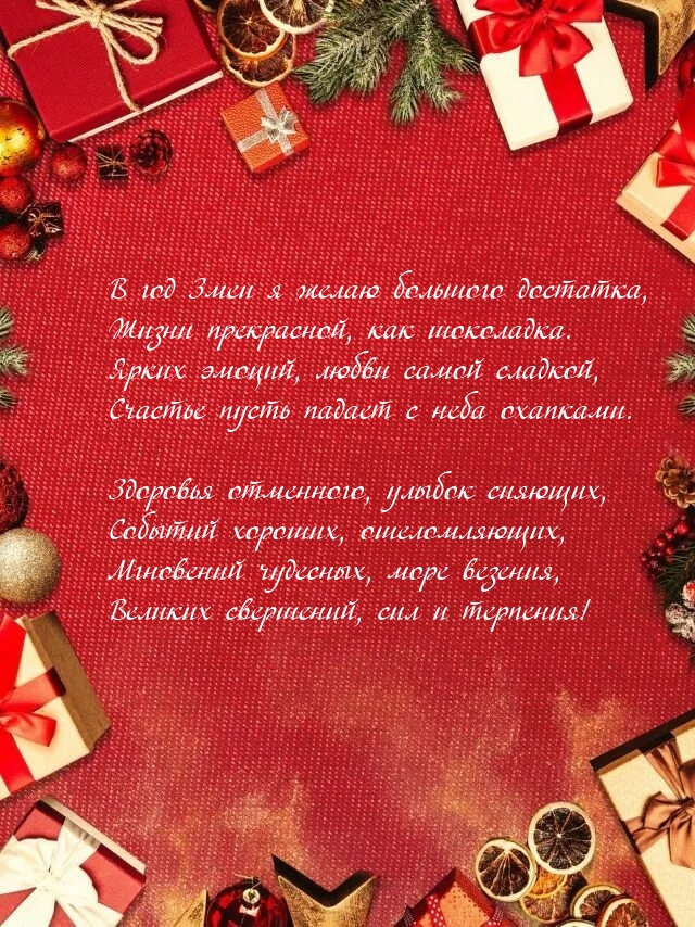 В год Змеи я желаю большого достатка, жизни прекрасной, как шоколадка.
