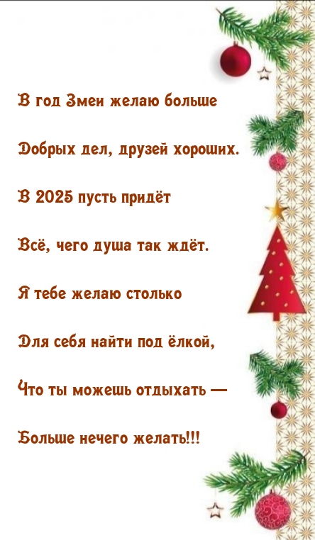 В год Змеи желаю больше добрых дел, друзей хороших.